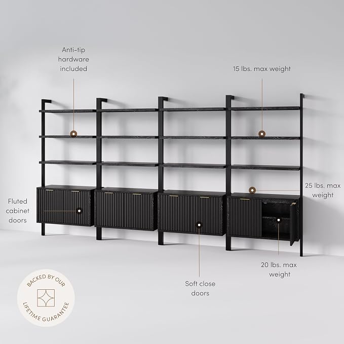 Nathan James Jasper 3-Shelf Solid Wood Boho Bookshelf, Wall Mounted Bookshelf with Cabinet with Fluted Doors, Black Oak, Set of 4