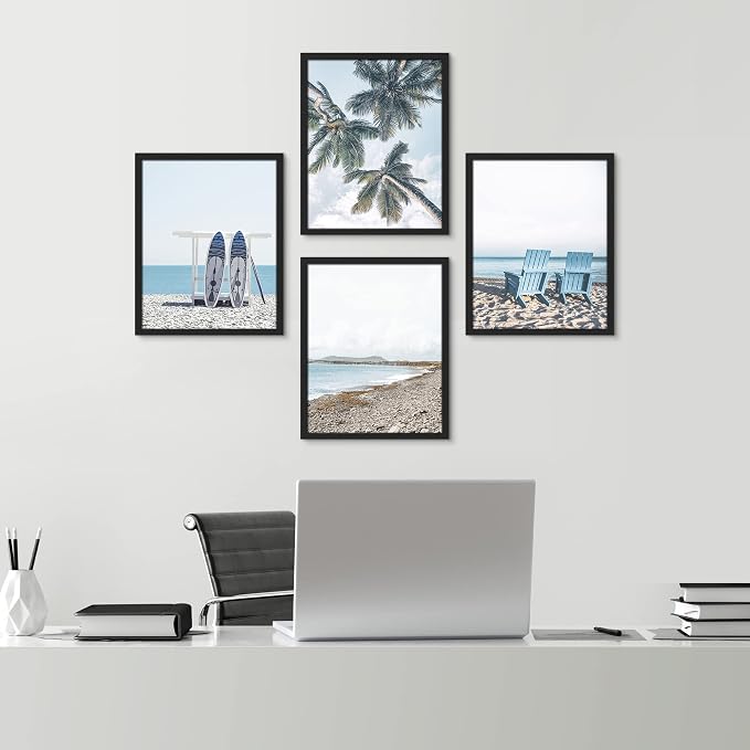 SIGNWIN Framed White Surfboard Tropical Palm Tree Beach Shore Wall Art, Set of 4 Landscape Colorful Wall Decor Prints, Nature Wilderness Wall Décor for Living Room, Bedroom - 12"x16" Black