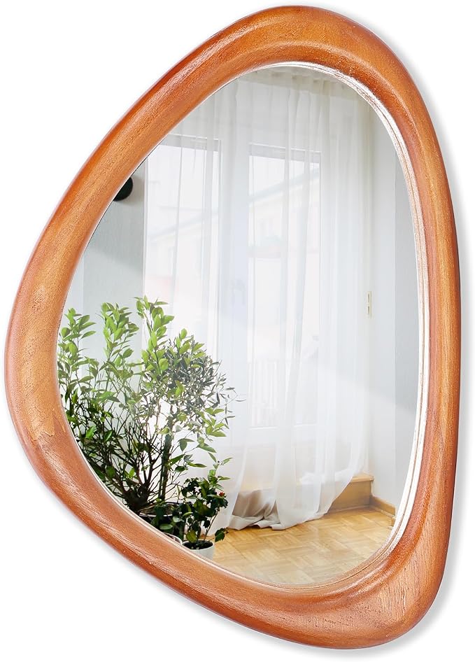 MAGFLERUM Irregular Wall Mirror, 15 * 10 inch Asymmetrical Wood Mirrors, Small Wall Mirror, Hanging Vertically and Horizontally. Mirrors for Wall Decor (Red Walnut)
