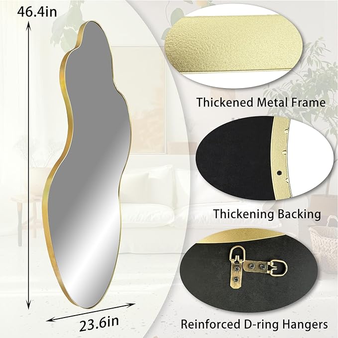 Irregular Mirror, 46.5"x24" Asymmetrical Mirror, Gold Metal Frame Abstract Wall Mirrors Decorative, Modern Odd Shaped Mirrors for Living Room Bathroom Bedroom Hallway Entryway Fireplace