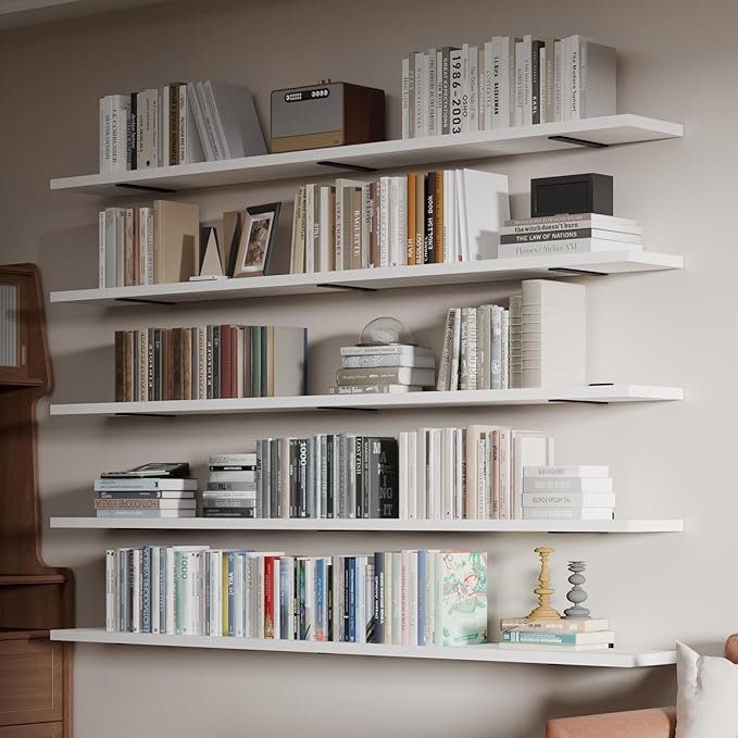 5 Tier Book Shelf,72 Inch White Floating Shelf for Wall,Farmhouse Heavy Duty Large Bookcase,Wall Mounted Bookshelf for Kitchen