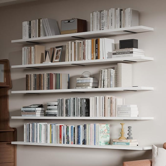 5 Tier Book Shelf,72 Inch White Floating Shelf for Wall,Farmhouse Heavy Duty Large Bookcase,Wall Mounted Bookshelf for Kitchen