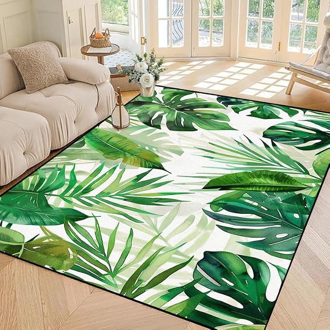 5'x7' Tropical Palm Leaf Rug Monstera Banana Leaves Floor Mat for Bedroom Living Room Nursery Playroom Classroom Home Decor Washable Low Pile Green Botanical Area Rug