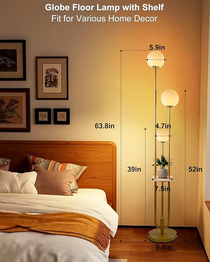 Lightdot LED Floor Lamp Dimmable Gold Globe Floor Lamps with Shelf& Bulb Included Mid Century Modern Standing Lamp for Bedroom Living Room/Sofa Beside/Corner Decor -Candle Holder Style Soft Eye-Caring