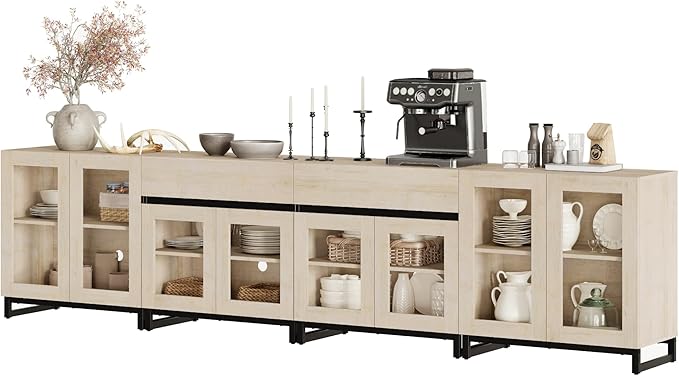 WAMPAT 4 in 1 Storage Cabinet with Glass Doors, Modern Sideboard with Adjustable Shelves and 2 Drawers, Coffee Bar Cabinet with Metal Baes for Living Room, Kitchen, Light Oak