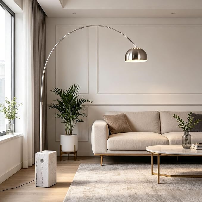 Murmurglow-74.8”Modern Arc Floor Lamp,Industrial Adjustable Silver Floor Lamp with Square Marble Base,3 Color Temperatures Reading Standing Lamps for Living Room, Bedroom,Office
