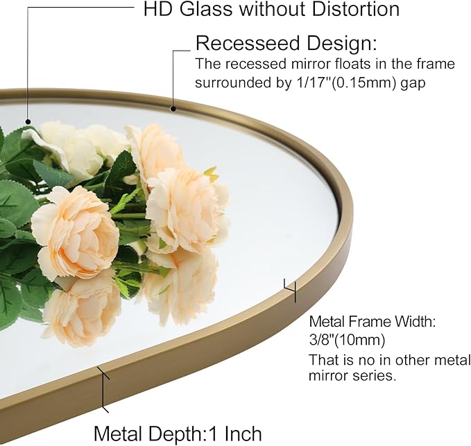 ANDY STAR Brass Mirror Bathroom, 24x36’’ Gold Arched Mirror, Arched Bathroom Mirror, Gold Bathroom Mirror Metal Framed, SUS304-Anti-Rust, Tube Frame, 1’’ Deep Set Wall Mounted Vertical