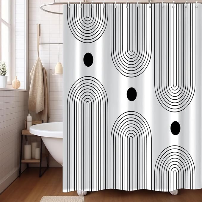 White and Black Shower Curtain, Boho Minimalist Mid Century Modern Arch Geometric Machine Washable Waterproof Fabric for Bathroom Bathtub Decor with Hooks 72x72