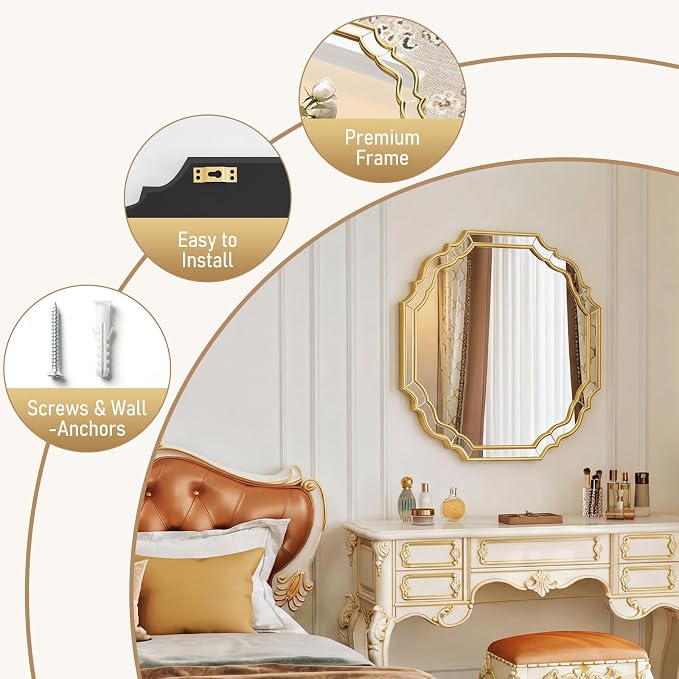 Round Mirrors for Wall Decor,Gold Scalloped Mirror 28 inch, Vintage Wall Mirror for Bedroom, Living Room,Entryway,Bathroom