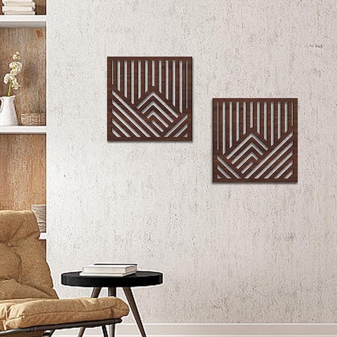 2Pcs Geometric Wood Wall Art Boho Abstract Wall Decor Wood Abstract Wall Panels for Bedroom Home Office Decoration, Walnut Color