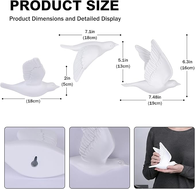 SHENGTIAN 3 Piece 3D Bird Wall Hanging - Wall Decor Flying Birds Wall Sculptures, Resin Relief Art Work for Home Wall Decor, Small Unique Wall Art with Adhesive (White)