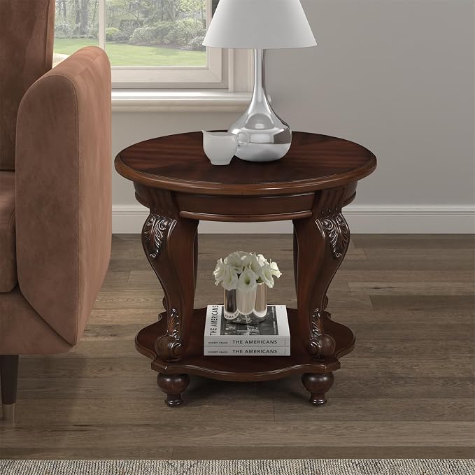 22'' Round End Table Solid Wood Sofa Side Table with Storage Shelf, Living Room Corner Table Retro Accent Table with Cherry Finish, Easy Assemble Round Bedside Table Night Stand for Small Space