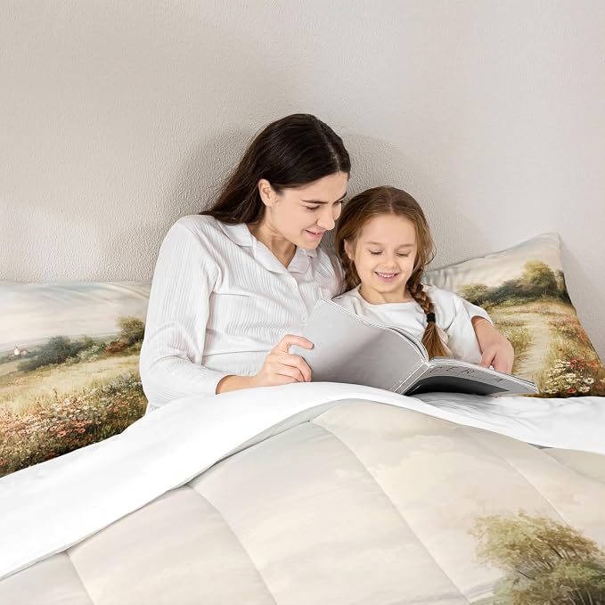 Erosebridal Rustic Wildflowers Comforter Set Twin Vintage Country Road Bedding Set Classical Flowers Landscape Comforter for Kids Boys Girls Farmhouse Nature Botanical Floral Quilt Duvet
