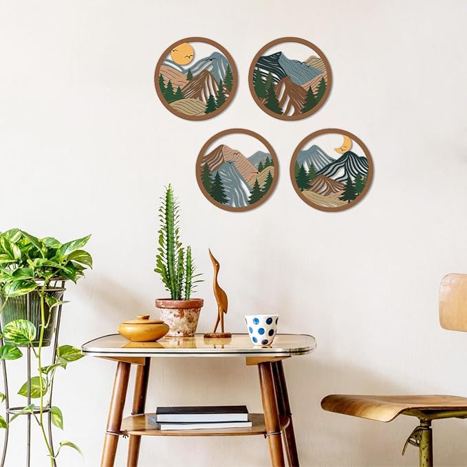 TOARTi 4Pcs Boho Mountain Wooden Wall Art,Abstract Sun Moon Pine Tree Wall Decor,Natural Mountain Landscape Artwork,Minimalist Geometric Forest Hanging Sign for Farmhouse Living Room Bedroom Office
