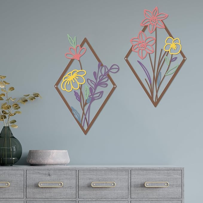 cape leadwort 3 Pcs Metal Flower Wall Decor, Minimalist Floral Wall Hanging Art, Abstract Line Floral Wall Art Sculpture for Bedroom Bathroom Living Room Kitchen Dining Room Office Hotel (Colorful)