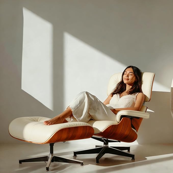 Mid-Century Genuine Top Grain Leather Chaise Lounge Chair & Ottoman, Rosewood Base, Modern Classic Design for Living Room & Office