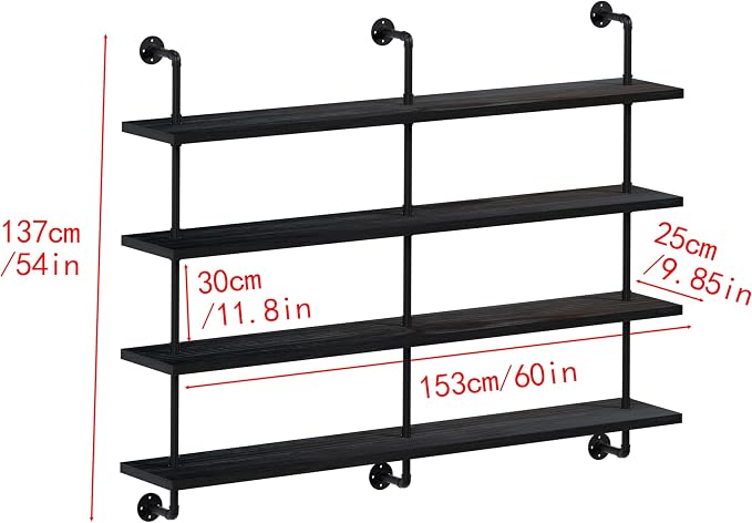 HDDFER Floating Shelves for Wall Bookshelf Industrial Pipe Shelving Shelves 60 Inch Natural Wood Planks Rustic Wall Shelves Hanging Bookshelves Farmhouse Kitchen Shelving Black