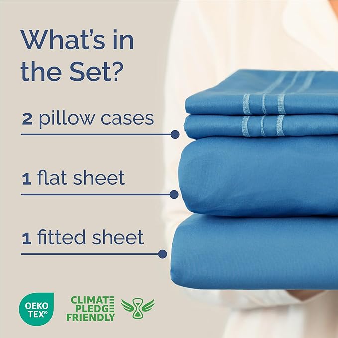 Full Size 4 Piece Sheet Set - Comfy Breathable & Cooling Sheets - Hotel Luxury Bed Sheets for Women and Men - Deep Pockets, Easy-Fit, Soft and Wrinkle Free Sheets - Denim Blue Oeko-Tex Bed Sheet Set