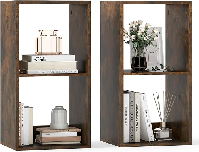 Tangkula 2-Cube Bookcase, 3-Tier Bookshelf with Open Compartments, Freestanding Cube Storage Organizer with Anti-Toppling Kits, Modern Display Shelf for Living Room, Study (2, Rustic Brown, 2-Cube)