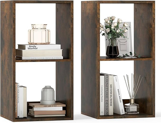 Tangkula 2-Cube Bookcase, 3-Tier Bookshelf with Open Compartments, Freestanding Cube Storage Organizer with Anti-Toppling Kits, Modern Display Shelf for Living Room, Study (2, Rustic Brown, 2-Cube)