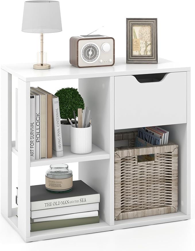 LOKO 3-Cube Bookshelf with Drawer Set of 2, 2-Tier Open Shelf Bookcase, Freestanding Display Shelf, Modern Home Storage Organizer, Shelving Unit for Living Room, Study, Office (1, White)