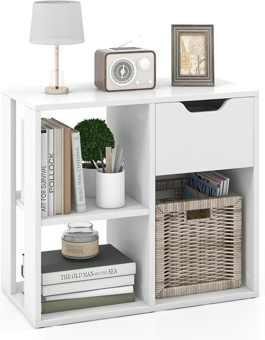 LOKO 3-Cube Bookshelf with Drawer Set of 2, 2-Tier Open Shelf Bookcase, Freestanding Display Shelf, Modern Home Storage Organizer, Shelving Unit for Living Room, Study, Office (1, White)