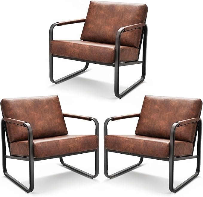PrimeZone Mid-Century Modern Accent Chair Set of 3 - Comfy Faux Leather Living Room Chair, Lounge Armchair with Extra Soft Padded & Cushion, Ergonomic Accent Chair for Bedroom, Office, Brown