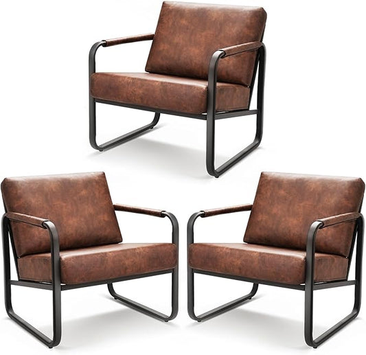 PrimeZone Mid-Century Modern Accent Chair Set of 3 - Comfy Faux Leather Living Room Chair, Lounge Armchair with Extra Soft Padded & Cushion, Ergonomic Accent Chair for Bedroom, Office, Brown