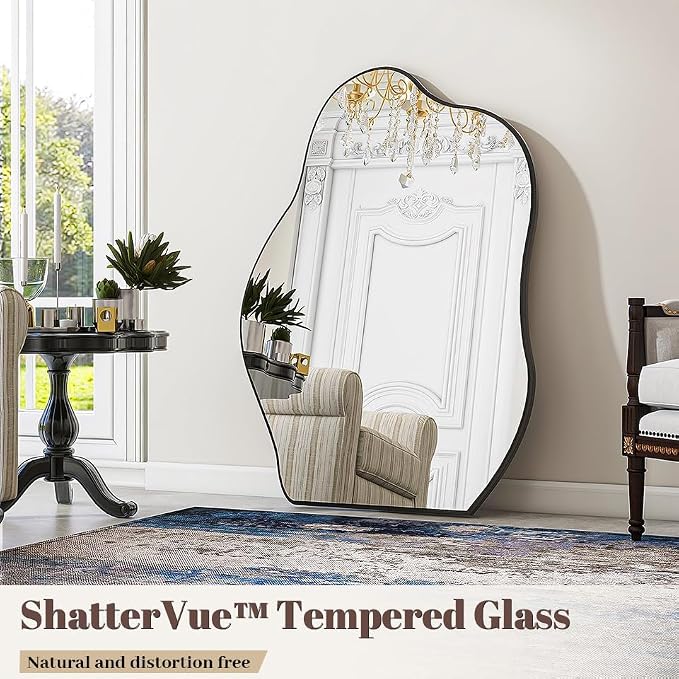 BEAUTYPEAK Asymmetrical Mirror, 26 x 40 Inches Irregular Wall Mirror, Wood Frame Unique Shape Wall Mounted, Decorative for Living Room Bedroom Entryway Hallway