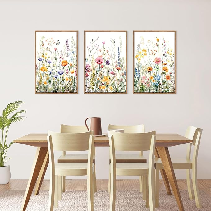 FWIEXA Floral Canvas Wall Art, Framed Wildflower Pictures Wall Decor, Large Flower Prints, Colorful Botanical Artwork, Watercolor Painting 3 Panel 24x36 Inches for Living Room, Bedroom, Office, Home