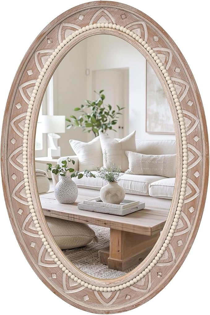 sawsile Oval Wood Mirror,Rustic 20x30 Inch Wooden Farmhouse Beads Decorative Boho Vanity Natural Mirrors for Bedroom, Bathroom, Living Room,or Entryway