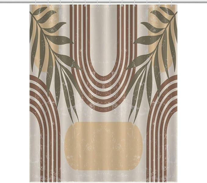 Mid Century Boho Arch Shower Curtains Abstract Geometric Modern Aesthetic Rainbow Leaves Sun Washable Waterproof Fabric for Bathroom Decor Bathtub with 12 Hooks 55x72in（140x183cm）