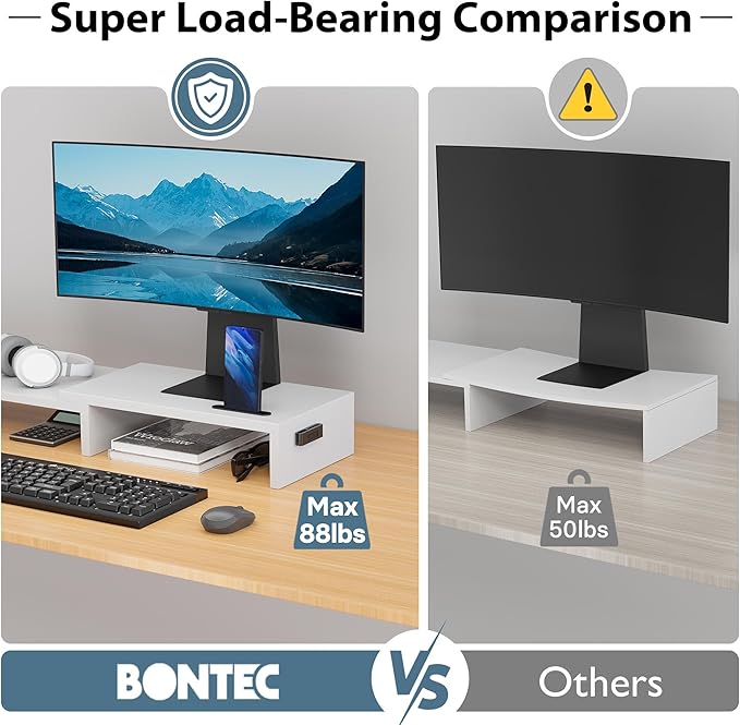 BONTEC Dual Monitor Stand Riser, Adjustable Length & Swivel Angle, Ergonomic Wooden Desktop Organizer with Smartphone Holder, Computer Monitor Stand for PC Monitor, Laptop, Printer, Large Storage