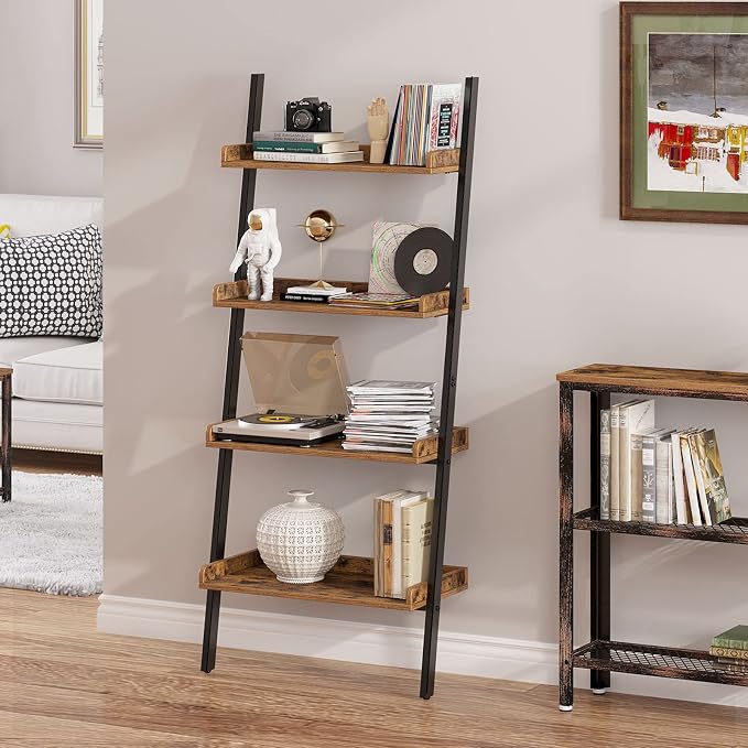 Rolanstar Bookshelf 4-Tier, Open Wall Mount Ladder Bookshelf, 71.8’’H Industrial Etagere Bookcase, Freestanding Bathroom Storage Rack Plant Stand for Living Room, Bedroom, Office, Rustic Brown