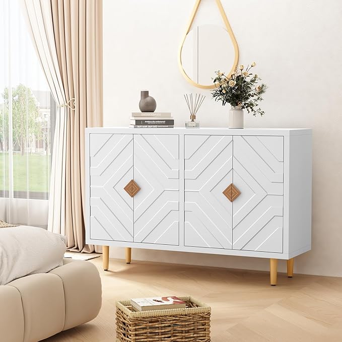 HLR 48'' Buffet Cabinet with 4 Doors and Shelves, Modern Credenza Storage Cabinet with Embossed Pattern Doors, Storage Cabinet Sideboard for Living Room, Kitchen, Dining Room, Hallway, White