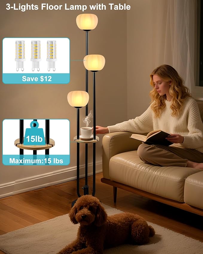 Black Floor Lamp Dimmable Modern Floor Lamps with Pumpkin Lampshade & Table, 3000K Soft Warm White Bulbs Included, 3-Light Tall Standing Lamp for Living Room/Bedroom