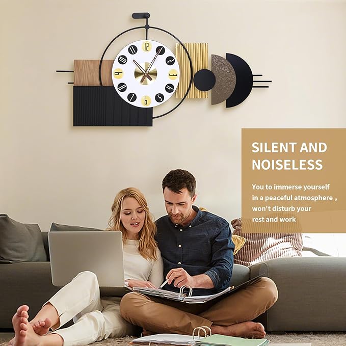 Luxury Modern Wall Clocks-Large Geometric Dial Wall Clock Battery Operated,Wood Metal Frame Big Clock Silent Non Ticking for Living Room, Bedroom,Kitchen,Office -42X21.6 Inch