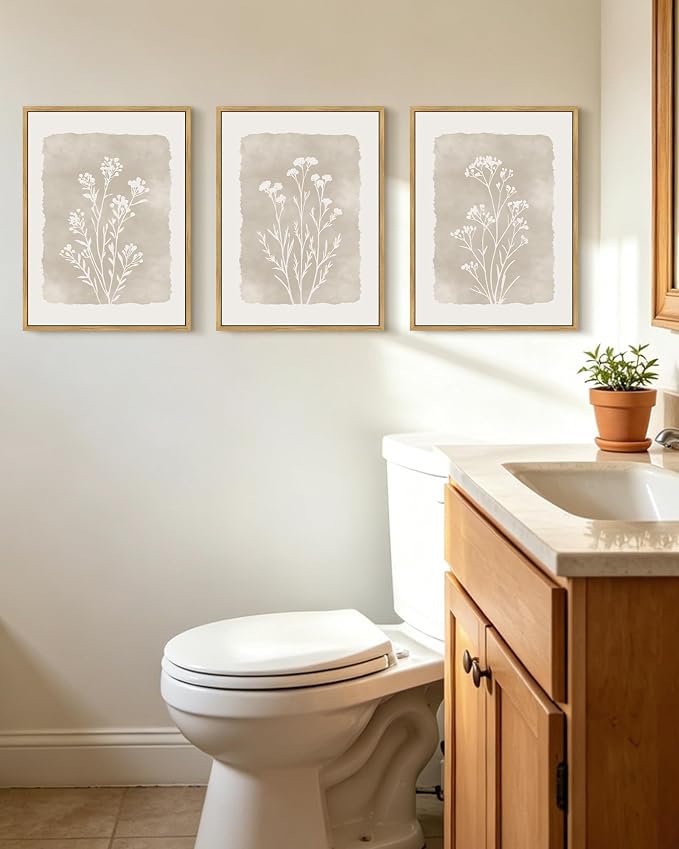 KUVIOKE Boho Botanical Flower Framed Wall Art Farmhouse Vintage Floral Wall Painting Rustic Wildflower Neutral Prints for Living Room Bedroom 12x16in (Natural Framed)