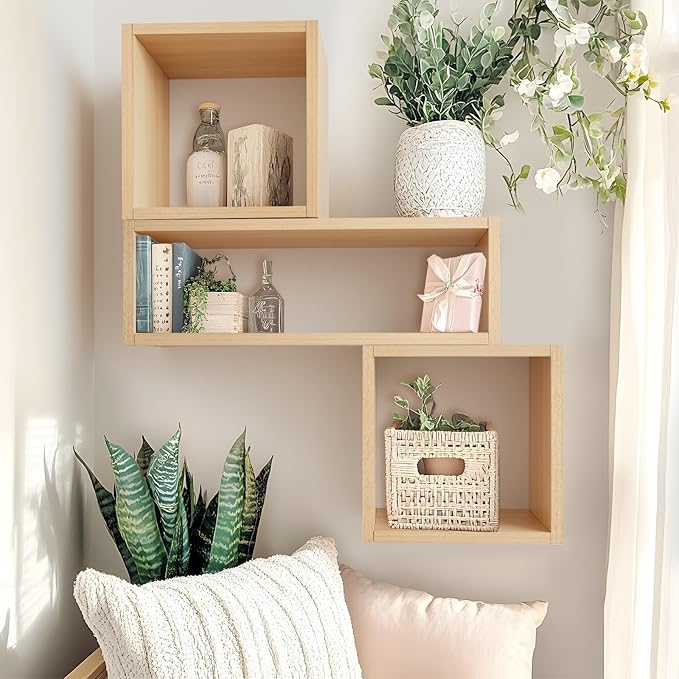 Kaboon 24in Floating Cube Shelves Set of 2, Display Shelves Wall Mount, Decorative Hanging Shelves for Kitchen Living Room Office,(Light Walnut, Rectangle 2 Cubes)