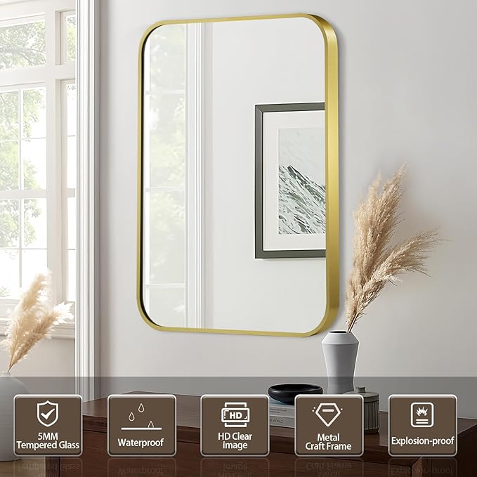 Matte Gold Mirror, 16x20 Inch Brushed Gold Mirror, Aluminum Alloy Framed Vanity Mirror, Rounded Rectangle Bathroom Mirror for Over Sink, Anti-Rust Wall Mirror (Horizontally or Vertically)