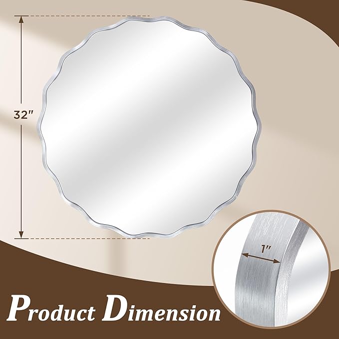 Silver Round Mirror for Wall, 32"x32" Decorative Wavy Bathroom Mirror with Brushed Alloy Steel Frame & Shatter-Proof Glass, Hanging Circle Wall Mirrors for Bathroom, Entryway, Bedroom
