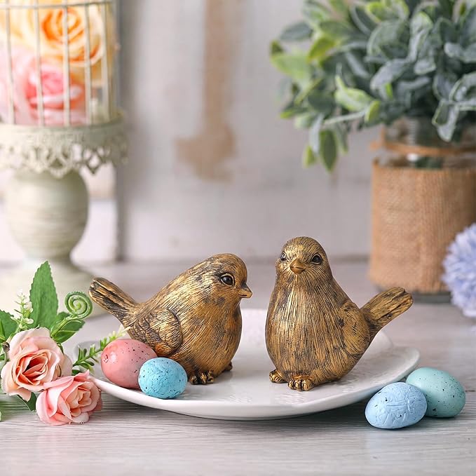 Blulu 2 Pcs Gold Bird Figurines Home Decor Resin Bird Statue Vintage Farmhouse Decoration Boho Animal Decorative Sculpture Gifts for Home Table Office Shelf Tabletop Accents