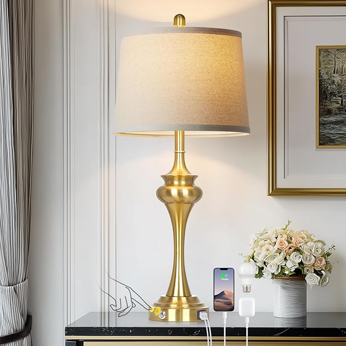 Rinweey 30 Inch Single Table Lamp for Bedside, 3-Way Touch Control Bedroom Table Lamp with USB A+C Ports, Tall Living Room Lamps for End Table, Modern Brass Lamps for Nightstand Desk Office, Gold