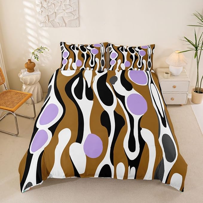Erosebridal Organic Abstract Duvet Cover Set Modern Contemporary Full Size Bedding Sets for Kids Boys Boho Mid Century Wavy Lines Comforter Cover Retro Geometric Bed Set,Brown Lavender