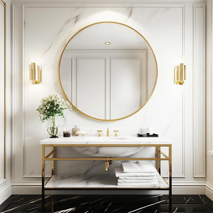 Sunniry Gold Round Mirror 30 inch, Large Circle Mirror, Round Wall Mirror Brushed Metal Frame, Gold Circle Mirrors for Wall, Bathroom, Living Room, Hallway.