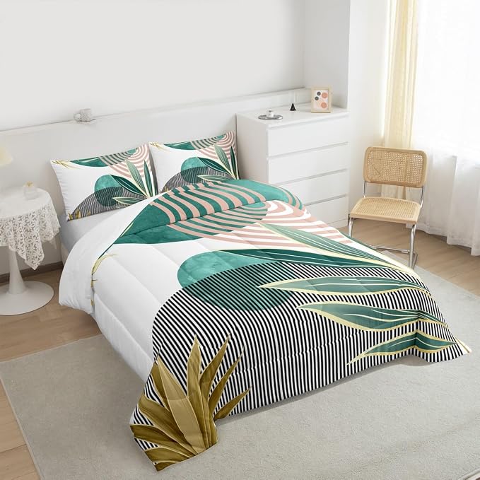 Erosebridal Mid Century Modern Comforter Set Queen Bohemian Bedding Set for Kids Teens,Boho Tropical Modern Down Comforter Abstract Sun Minimalist Simple Duvet Insert,Green Pink Room Decor