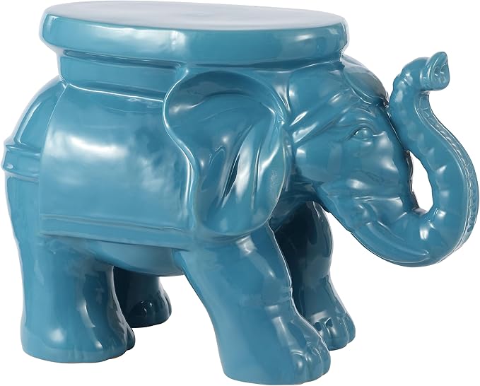 JONATHAN Y TBL1007D White Elephant 14.25" Ceramic Indoor/Outdoor Garden Stool Coastal, Contemporary, Transitional, Patio, Garden Room, Bathroom, Living Room, Blue