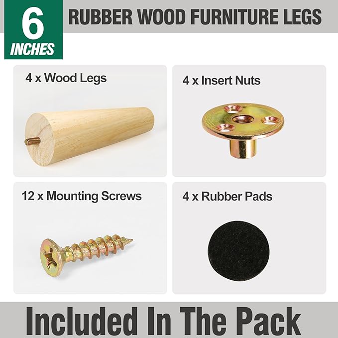 FoDau770 Rubber Wood Furniture Legs 6 Inches, Straight Tapered Wood Feet Mid Century Sofa Legs Set of 4, 5/16" UNC Furniture Feet Replacement Parts for Cabinet Couch Dresser Chair Ottoman Table