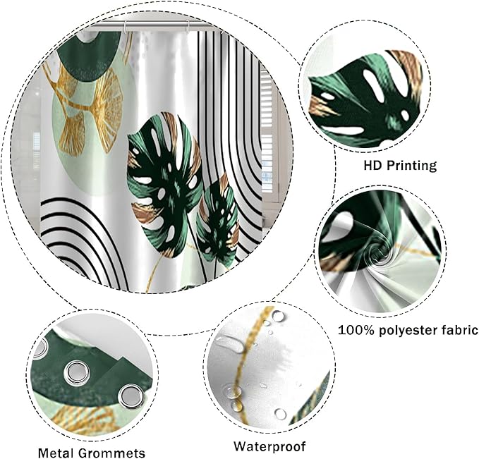 Mid Century Boho Shower Curtain - Green Palm Gold Ginkgo Leaf Abstract Arch Decorative Bath 72x96 Inch Polyester Fabric Waterproof Aesthetics Bathroom With Hooks