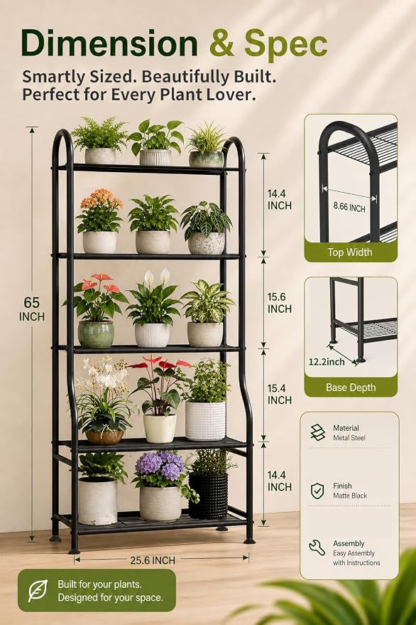 5-Tier Metal Plant Stand - Heavy Duty Indoor Outdoor Flower Shelf for Multiple Pots, 65" Tall Vertical Holder with Adjustable Leveling Feet & Wall-Fixing Kits, Black